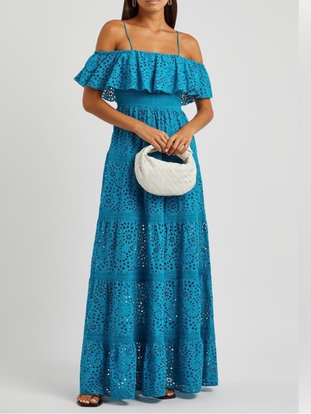 NWT Alice + Olivia Kia Eyelet Ruffle Tiered Maxi Dress in Ocean Blue Size 10 - Picture 9 of 9